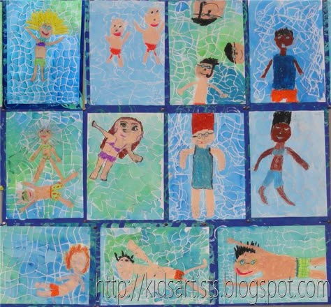 Swim Landscape Art Lessons, David Hockney Art, Summer Art Projects, Water Pattern, 2nd Grade Art, Pool Art, 3rd Grade Art, Diagonal Lines, Kids Background