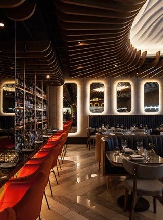 Nulty - Haz Restaurant, Planation Place, London - Lighting Scheme Dining Bar Mirrors Halo Glow Ceiling Wooden Slats Downlights | SHORTLISTED, Restaurant & Bar Design Awards 2018 and FX Awards 2018 Hotel Lobby Interior Design, Bar Mirrors, Luxury Restaurant Interior, Luxury Hotels Interior, Hotel Bedroom Design, Luxury Lighting Design, Hotel Room Interior, Lighting Scheme, Halo Glow