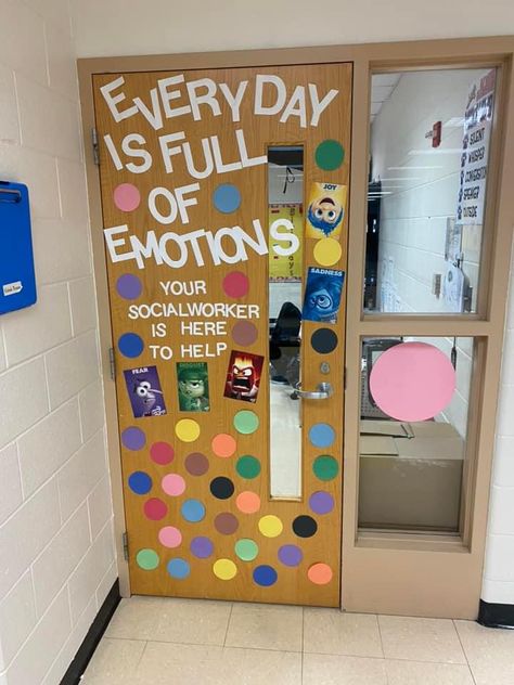 Emotions Door Decoration, Social Worker Office Decor Ideas, Inside Out Classroom Door, School Counselor Door, Social Worker Office Decor, Social Work Offices, Social Workers Office, Soft Board, School Social Workers