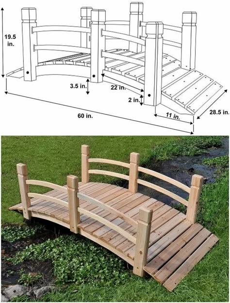 Yard Bridge, Garden Bridge Design, Backyard Bridges, Wooden Pallet Ideas, Diy Pallets, Walkway Landscaping, Garden Stairs, Wooden Bridge, Outdoor Decor Backyard