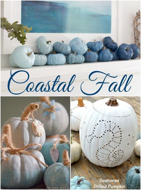 Coastal Beach Theme Pumpkin and Fall Decor Ideas Fall Nautical Decor, Fall Coastal Decorating Ideas, Fall Decor Ideas For The Home Blue, Diy Coastal Home Decor, Modern Coastal Fall Decor, Fall Decor In Florida, Coastal Fall Front Porch, Fall Decor For Beach House, Fall Beach House Decor