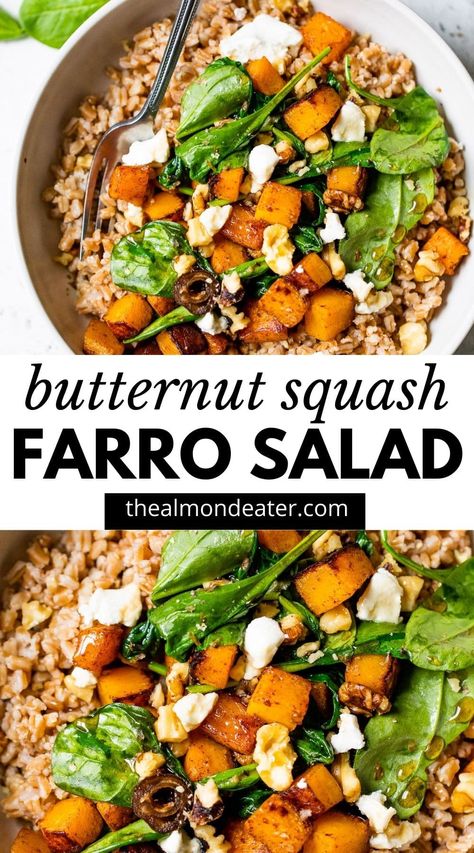 Farro And Butternut Squash Recipes, Farro With Butternut Squash, Squash Farro Salad, Butternut Squash Farro, Spinach And Goat Cheese, Farro Salad Recipes, Butternut Squash Spinach, Farro Recipes, Bowl Meals