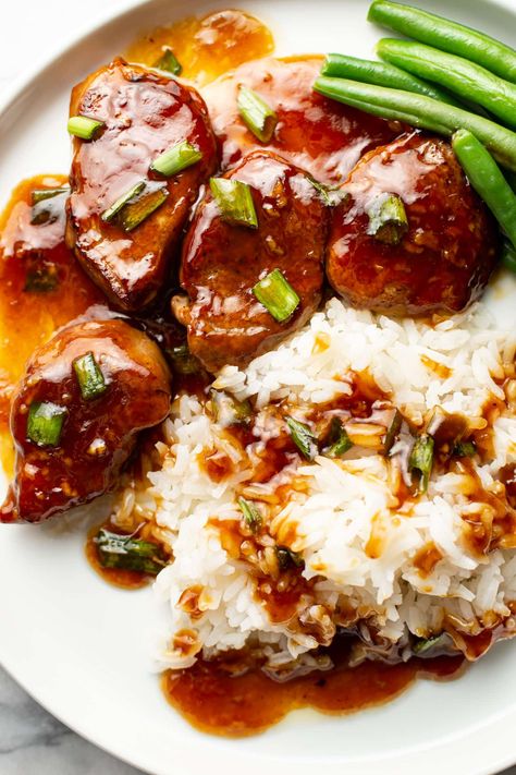 a plate with honey garlic pork tenderloin, rice, and green beans Honey Garlic Pork Tenderloin, Garlic Pork Tenderloin, Easy Pork Tenderloin Recipes, Pork Tenderloin Medallions, Easy Pork Tenderloin, Honey Garlic Pork, Mustard Pork Tenderloin, Honey Pork, Pork Tenderloin Recipe