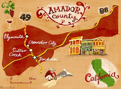 Map of Amador County, Ca for Wine Spectator - Chritiane Engel Map Illustrations, Amador County, Map Illustration, County Map, California Wine, Happy Trails, Illustrated Map, Wine And Dine, Northern California