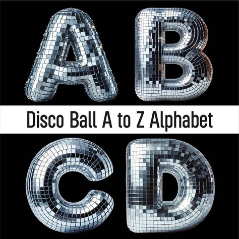 Fun Alphabet, Alphabet Fonts Printable, Disco Ball Letters, Diy Disco Letters, Disco Lettering, Disco Letters, 70s Bubble Letters, Disco Font Alphabet, Disco Ball Transparent Background