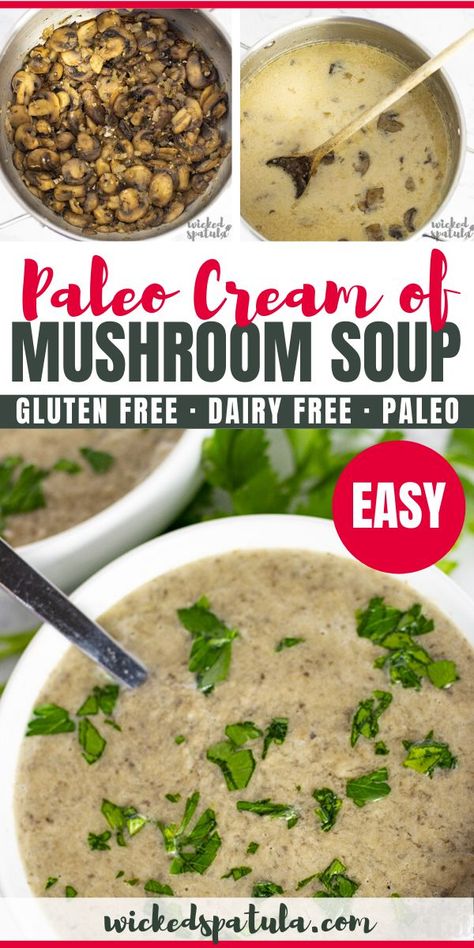 Dairy Free Cream Of Mushroom Soup Recipe, Paleo Cream Of Mushroom Soup, Homemade Cream Of Mushroom Soup Recipes, Paleo Mushroom Soup, Gf Soup, Paleo Soup Recipe, Easy Paleo Dinner Recipes, Paleo Soups, Paleo Vegetarian Recipes