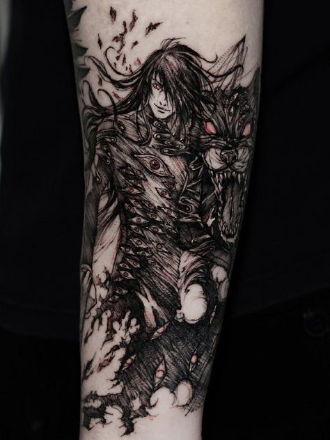 Hellsing Tattoo, Berserk Tattoos, American Traditional Tattoo Design, Anime Tattoo Designs, Vampire Tattoo, Alucard Hellsing, Hellsing Alucard, Goth Tattoo, Clever Tattoos