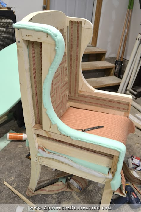 DIY Wingback Dining Chair – How To Upholster The Frame (Part 1) How To Upholster, Wingback Dining Chair, Reupholster Furniture, Upholstery Diy, Sofa Frame, Sofa Upholstery, Diy Wood Projects Furniture, Diy Chair, Chair Upholstery