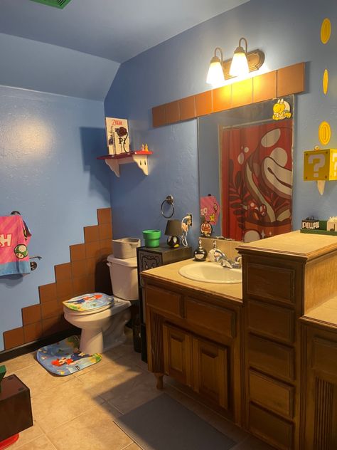 Gaming Bathroom Ideas, Mario Bathroom Ideas, Boy Gamer Room, Gamer Bathroom, Toddler Bathroom Ideas, Mario Bathroom, Bathroom Jack And Jill, Twins Bathroom, Toddler Bathroom