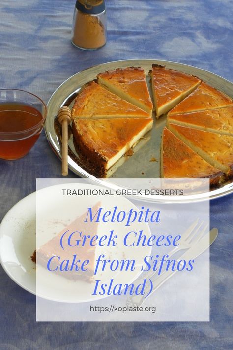 Melopita is a traditional Greek Honey Cheese cake coming from Sifnos Island, in the Cyclades. It is a low calorie dessert made with anthotyros (the Greek equivalent to ricotta) and sweetened with honey. #melopita #Greekcheesecake Ricotta And Honey, Honey Cheesecake, Honey Cheese, Breakfast Tacos Recipe, Breakfast Burritos Frozen, Greek Recipes Dessert, Greek Cheese, Flat Cakes, Breakfast Cookies Healthy