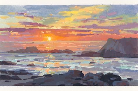 Gouache painting, Monterey. #gouache #gouachepainting #painting #art #fineart #seascape #pleinairpainting #pleinair #seascapepainting… | Instagram Gouache Painting Reference, Sunset Gouache Painting, Gouache Artists, Gouache Sunset, Gouache Landscapes, Gouache Inspiration, Hsc Art, Gouache Landscape Painting, Paintings Impressionism