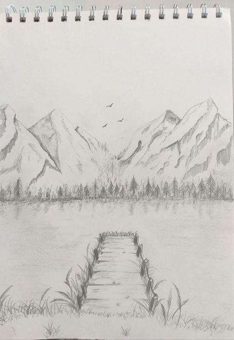 Mountain Drawing Simple, Nature Sketches Pencil, Small Easy Drawings, Pencil Sketches Landscape, Beautiful Pencil Sketches, Glass And Concrete, Mountain Sketch, Beginner Sketches, Drawing Scenery