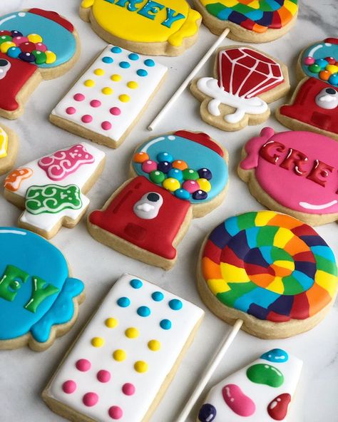 Morgan G. Cookies on Instagram: “Candy Cookies” Candies Theme Birthday Parties, Candies Birthday Theme, Candy Land Cookies Decorated, 3rd Birthday Candy Theme, Candy Theme Cookies, Candy Land Theme Cookies, Candyland Cookies Decorated, Candyland Cookies, Candy Cookies Decorated