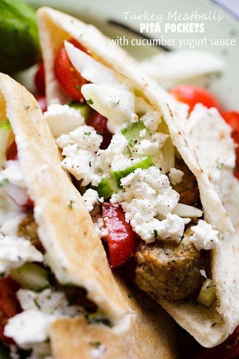 Turkey Meatballs Pita Pockets with Cucumber Yogurt Sauce | Work Lunch Turkey Pita Pockets, Turkey Pita, Turkey Scallopini, Pocket Recipes, Pita Pocket Recipes, Tomatoes And Feta Cheese, Cucumber Yogurt Sauce, Pickle Recipes Homemade, Tomatoes And Feta