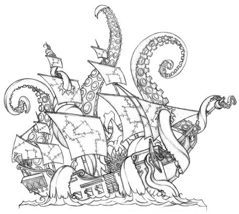 Kraken tattoo idea I found on the internet. Kraken Tattoo Design Drawings, Pirate Ship And Kraken Tattoo, The Kraken Tattoo, Kraken Attacking Ship Tattoo, Kraken Taking Down Ship Tattoo, Kraken Tattoo, Kraken, Tattoo Idea, The Internet