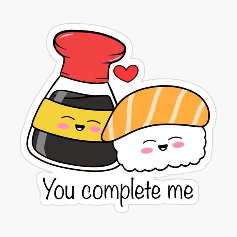 Get my art printed on awesome products. Support me at Redbubble #RBandME: https://www.redbubble.com/i/sticker/sushi-valentine-you-complete-me-sushi-happy-kawaii-by-vandepasch/146169724.EJUG5?asc=u Sushi Stickers, Sushi Drawing, Sushi Cartoon, Kawaii Ideas, Valentine Quote, Sushi Logo, Cute Sushi, Kawaii Sushi, Inktober 2024