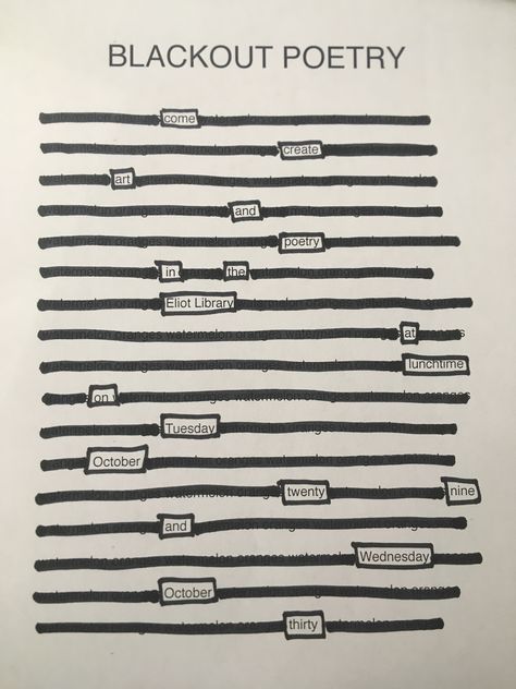 Advertisement for Blackout Poetry event in library Poetry Typography Poster, Poetry Slam Aesthetic, Typography Poetry, Poetry Party, Poetry Event, Poem Aesthetic, Poetry Night, Poetry Club, Club Posters