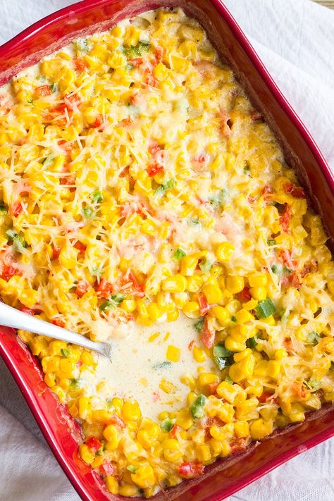 Easy side dishes like this Creamed Corn Casserole with Peppers are my favorite for busy weeknights or the holidays! This casserole is loaded with flavor and so colorful! Fresh Corn Casserole With Red Bell Peppers And Jalapenos, Baked Creamed Corn Casserole, Creamed Corn Casserole, Scalloped Corn Casserole, Creamed Corn Casserole Recipe, Creamy Corn Casserole, Easy Corn Casserole, Cream Corn Casserole, Cream Cheese Corn