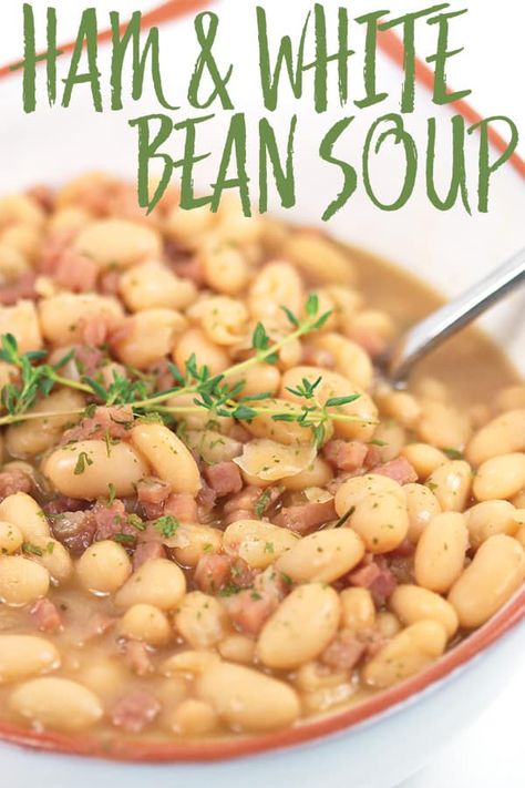 Easy White Bean Soup With Ham, Easy Soup Beans, Ham White Bean Soup Crockpot, Easy White Bean Soup Recipes, Ham And Bean Soup With Rivals, Homemade Ham And Bean Soup, Quick White Bean Soup, Easy Ham And Bean Soup With Canned Beans, Ham And White Bean Soup Recipes