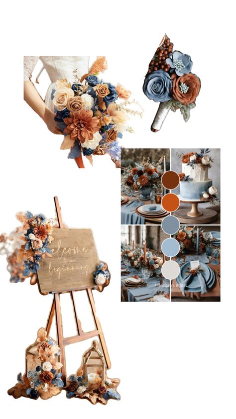 Royal Blue And Copper Wedding, Burnt Orange Light Blue Wedding, Blue And Copper Wedding, Blue Fall Wedding, Light Blue Wedding, Copper Wedding, Rustic Blue, Fall Wedding Flowers, Wedding Fall