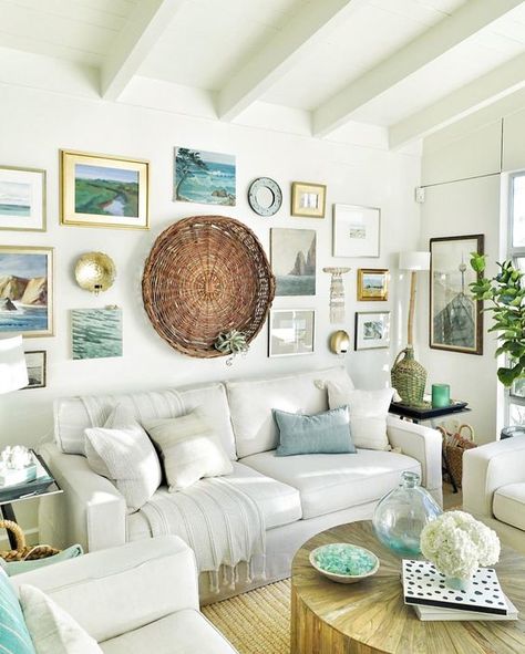 Tuesday Tips A gallery wall is an easy way to fill empty wall space. Slap up a couple pictures in frames and you’re done, or are you? There’s no doubt that using framed images with give… Beach Cottage Living Room, Beach Theme Living Room, Beach Living Room, California Ranch, Eclectic Gallery Wall, Cottage Living Rooms, Coastal Living Rooms, Coastal Bedrooms, Beach Cottage Decor