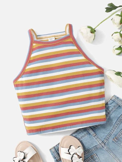 Free Returns ✓ Free Shipping✓. SHEIN Teen Girls Block Striped Halter Top- Tween Girls Tank Tops & Camis at SHEIN. Cheap Cute Summer Tops, Summer Outfits For Girls 10-12, Cute Tank Tops For Summer, 6th Grade Girl Outfits, Summer Outfits Teen, Shein Crop Tops, Teen Tops, Cute Tops For Teens