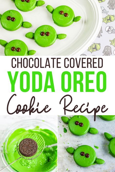 A fun Star Wars themed treat!  Try making these Yoda inspired OREO Cookies as a delicious snack or a festive addition to a Star Wars Themed Birthday Party.   #YodaCookieRecipe YodaOREOS #NoBakeCookies #Cookies Starwars Snack Ideas, Yoda Bday Party, Yoda Party Games, Star Wars Theme Desserts, Star Wars Sweets, Star Wars Brownies, Star Wars Themed Treats, Starwars Party Food Ideas, May 4th Be With You Food