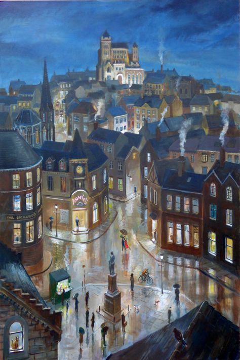 "Dancing in the Rain" Acrylic 36" x 24" by Phil Lockwood Phil Lockwood, Sheffield Art, France Aesthetic, Rain Painting, Dancing In The Rain, City Aesthetic, Fantasy Landscape, In The Rain, College Art