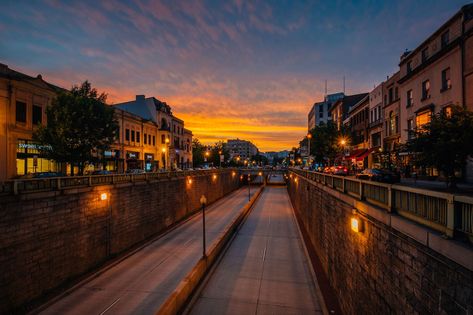 Connecticut Avenue at sunset, at Dupont Circle, in Washington, DC., District of Columbia Washington Dc Streets, Georgetown Waterfront Washington Dc, Washington Dc Sunset, National Portrait Gallery Washington Dc, Dupont Circle Washington Dc, Dupont Circle, Nantucket Style Decor, Circle Metal Wall Art, Sunset Canvas