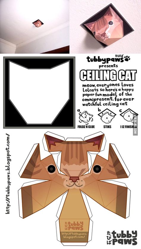 Paper Ceiling Cat (DIY) Kat Diy, Chat Diy, Folding Origami, Paper Toys Template, Instruções Origami, Seni Dan Kraf, Paper Doll Template, Paper Toy, Paper Animals