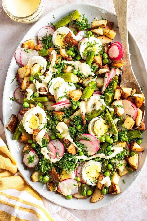 Asparagus Potato, Potato Asparagus, Salad With Avocado Dressing, Asparagus Salad Recipe, Spring Potato, Potatoes Asparagus, Avocado Salad Dressing, Radish Greens, Whipped Goat Cheese