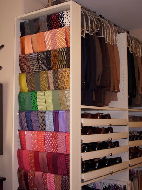 Tie Organizer, we created one of these systems that pulled out of the wall, we were able to store hundreds of ties for our client. The dowels were covered with ultrasuede to help keep the ties from slipping. Mens Closet Organization, Scarf Organizer, Tie Storage, Scarf Storage, Creative Closets, Tie Organization, Modern Closet, Men Closet, Closet Remodel