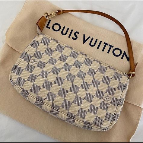 Louis Vuitton - Damier Azur Pochette Accessories Tote Bag (Vintage). Pochette Accessories, Lv Pochette, Golden Colour, Louis Vuitton Damier Azur, Bag Vintage, Vuitton Handbags, Certificate Of Authenticity, Louis Vuitton Handbags, Cowhide Leather