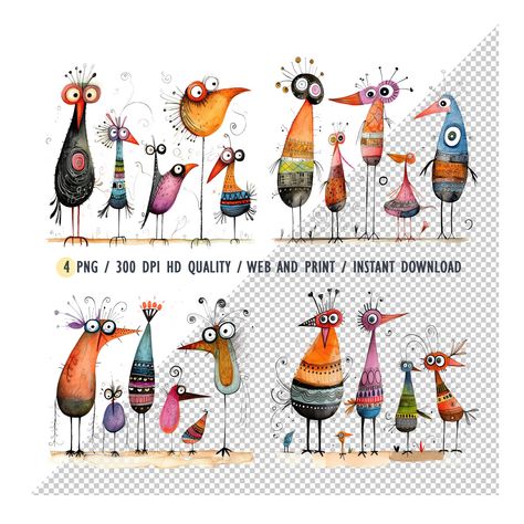 Birds Funny, Funny Clipart, Quirky Birds, Birds Clipart, Bird Doodle, Whimsical Birds, Birds Watercolor, Bird Illustrations, Whimsical Art Paintings