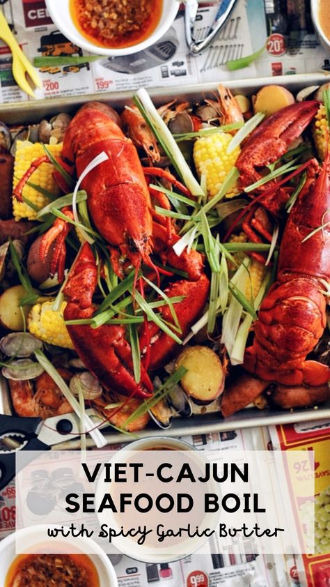 sheet pan filled with viet cajun seafood boil Seafood Extravaganza, Cajun Boil, Cajun Seafood Boil, Cajun Spices, Cajun Spice, Cajun Seafood, Asian Dinners, Vietnamese Cuisine, Seafood Boil