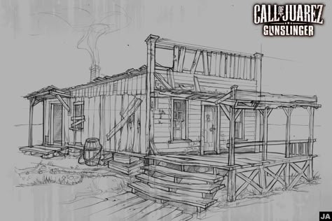 House in the "ghost town" 2, Jula Arendt on ArtStation at https://www.artstation.com/artwork/NJA0z Town Drawing Easy, Call Of Juarez, Wood Burn Ideas, Town Drawing, Cowboy Town, Old West Town, Dnd Accessories, Spartan Tattoo, Cartoon Ghost