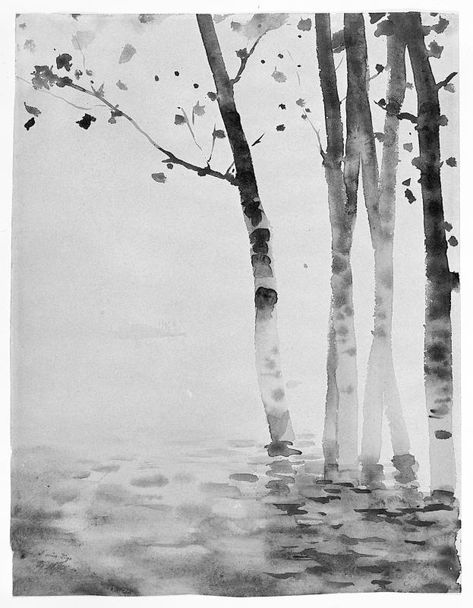 Giuseppe De Nittis （Italian, 1846-1884） Poplars in water   1878 india ink and watercolor on yellowed white board Gray Scheme, Minimalistic Watercolor, Japanese Drawing, Nature Journals, Ink Water, Sumi E Painting, Linoleum Block, Ink And Watercolor, Environment Art