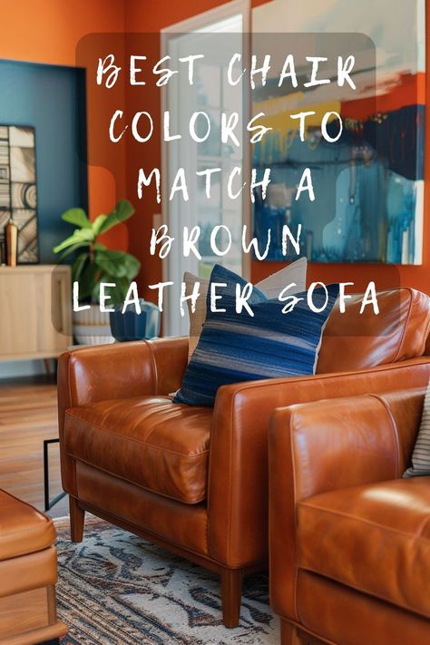 Looking to complement your brown leather sofa with new chairs? Explore the best chair colors to match your elegant sofa. Click to see my stylish suggestions! 🛋️🎨✨ #LivingRoomDecor #LeatherSofa #ChairColors #HomeDesign #InteriorStyle Leather Couch Fabric Chair, Couch With Leather Accent Chairs, What Chairs Go With Brown Leather Couch, Leather Couch Sitting Room, Leather Sectional With Accent Chair, Cognac Leather Color Palette, Family Room With Leathee Chairs, Camel Leather Couch Living Room Ideas, Brown Leather Sofa Mood Board