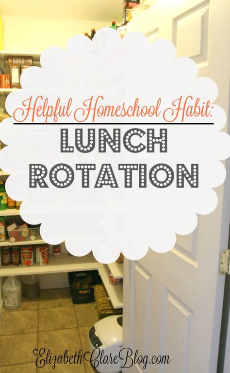 Simplify your homeschooling day by instituing a weekly lunch rotation.  Great ideas for using things in the pantry. Healthy Homeschool Lunches, Homeschool Meal Ideas, Homeschool Food Ideas, Home School Lunches, Easy Homeschool Lunch Ideas, Lunch Ideas For Homeschoolers, Lunch Ideas For Home Families, Homeschool Meal Planning, Homeschool Lunch Ideas Meal Planning