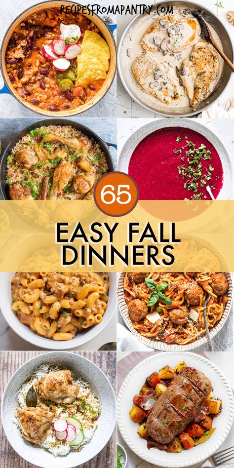 This collection of Easy Fall Dinner Ideas is full of recipes that are perfect for the cooler months! Fall is a busy time of year, so being able to quickly and easily serve up cozy fall dinners that are comforting and satisfying is essential. You can enjoy any of these easy and warm fall dinner recipes all season long! #easyfallrecipes #falldinnerideas Best Dinner Ideas Families, Dinner Ideas For A Rainy Day, Warm Fall Dinner Ideas, Easy But Impressive Dinner, Prepare Ahead Meals Dinner, Quick Fall Dinner Ideas, Fall Family Dinners, Cozy Dinner Recipes, Prepare Ahead Meals