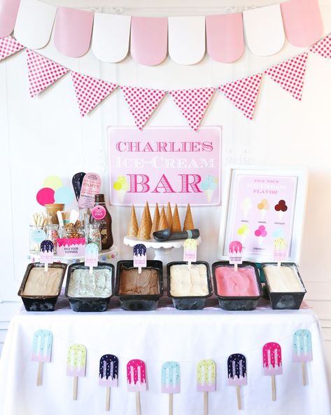 The sweetest ice cream bar / station you have ever seen! Super fun for a girl's party, and super easy to create, with our step by step guide and editable printables! #icrecreamparty #icecreambar #girlsparties Stations For Birthday Parties, Diy Ice Cream Bar, Ice Cream Birthday Party Theme, Ice Cream Station, Ice Party, Ice Cream Party Decorations, Ice Cream Sundae Bar, Sundae Bar, Bar Station