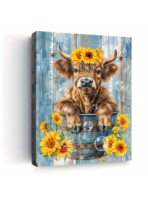 1pc Finished Framed, Canvas Poster, Rustic Sunflower Flower Highland Cow Painting, Canvas Wall Art, Artwork Wall Art, Can Be Used As A Gift, Bedroom, Office, Living Room, Cafe, Bar, Wall Decoration, Home And Dorm Decoration Multicolor    Canvas Animal,Plants    Home Decor, size features are:Bust: ,Length: ,Sleeve Length: Highland Cow Painting, Highland Cow Canvas, Sunflower Wall Art, Cow Decor, Cow Canvas, Modern Art Decor, Cow Painting, Cow Art, Abstract Oil