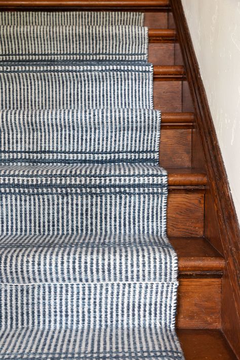 A New Runner for the Farmhouse Stairs — The Grit and Polish Light Blue Stair Runner, Navy Stair Runner, Stairway Wall Ideas, 2024 Color Palette, Old Stairs, Wool Stair Runner, Striped Stair Runner, The Grit And Polish, Grit And Polish