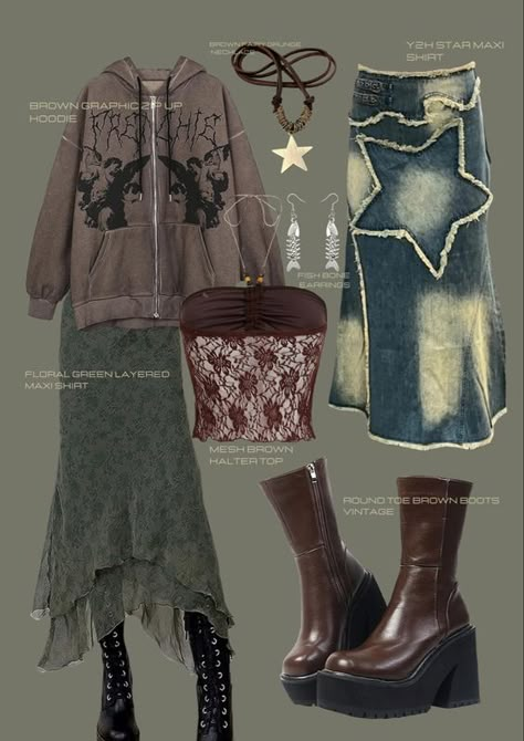 click on the pin to purchase the items Outfits Maxi Skirt, Grunge Skirt Outfit, Whimsigoth Outfits, Grunge Skirt, Mesh Maxi Skirt, Core Wardrobe, Y2k Fall, Fall Lookbook, Maxi Skirt Outfits