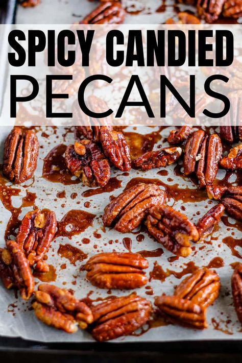 A tray of spicy candied pecans. Toasted Candied Pecans, Spiced Candied Pecans, Sweet And Salty Pecans Recipe, Spicy Candied Pecans Recipe, Seasoned Pecans, Spicy Pecans Recipe, Spicy Candied Pecans, Sweet And Spicy Pecans, Candied Pecans Easy