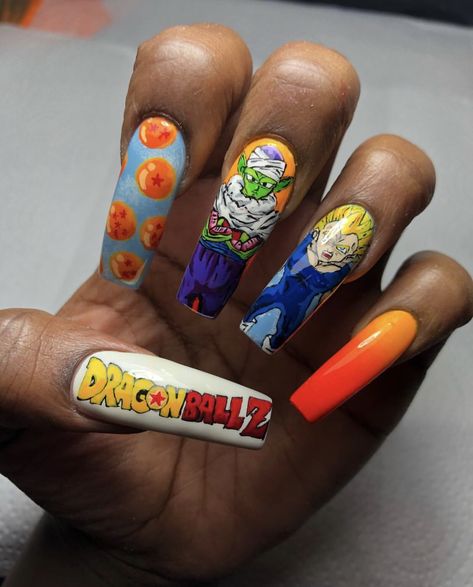 Dragonball Z Nails, Dragon Ball Nails, Dragon Ball Z Nails, Dragon Ball Z Dragon, Short Gel Nails, Anime Nails, Hair Diy, Painted Nail Art, Long Acrylic Nails Coffin