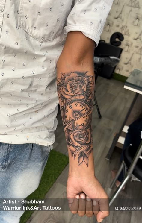 Flower And Clock Tattoo Men, Roses Arm Tattoo Men, Clock Forearm Tattoos For Women, Mens Rose Arm Tattoo, Rose Tattoo On Arm Men, Men Roses Tattoo, Tattoo Ideas For Men Clock, Flower Tattoo Forearm Men, Men Flower Tattoo Arm