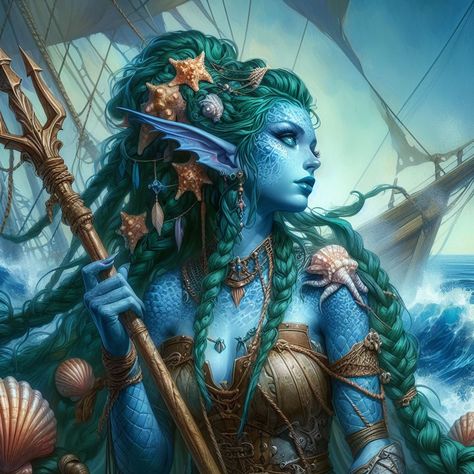 Merfolk Dnd, Dnd Water Genasi Female, Sea Elf Female Dnd, Sea Elves, Sea Elf, Mer Folk, Fish People, Npc Ideas, Dnd Npc