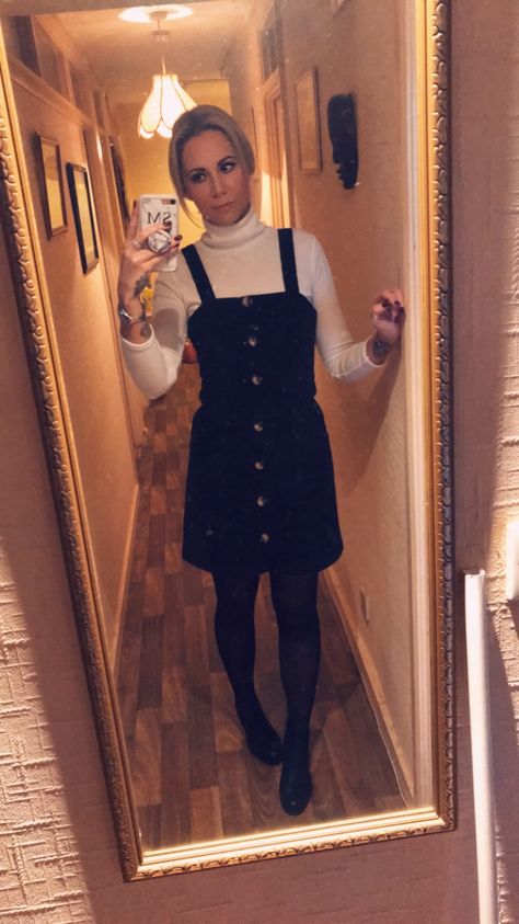 Black pinafore dress - Primark. Cream polo neck jumper - Boohoo. Tights. Black Chelsea boots - ASOS. Black Pinafore Dress Outfit, Jumper With Boots, Under Dress Outfit, Pinafore Dress Outfit, Black Pinafore Dress, Jumper Dress Outfit, Black Pinafore, Casual Indian Fashion, Fashionably Late