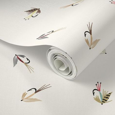 A wallpaper roll with vintage style fly fishing lures drawn in a neutral palette of beige and brown, with a few small accent colors of red and blue. The lures are scattered and multi-directional and placed on a warm cream background. Each fly is about 1-2 inches in size. Fly Fishing Wallpaper, Fishing Themed Bedroom, Coastal Lake House, Fishing Nursery Theme, Fishing Wallpaper, Vintage Nursery Boy, Grandpa Chic, Fishing Nursery, Room For Kids